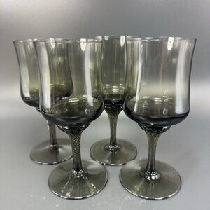 Vintage Royal Prestige Smoke Grey Green Twisted Stem Glasses Goblets Cups Set 4
